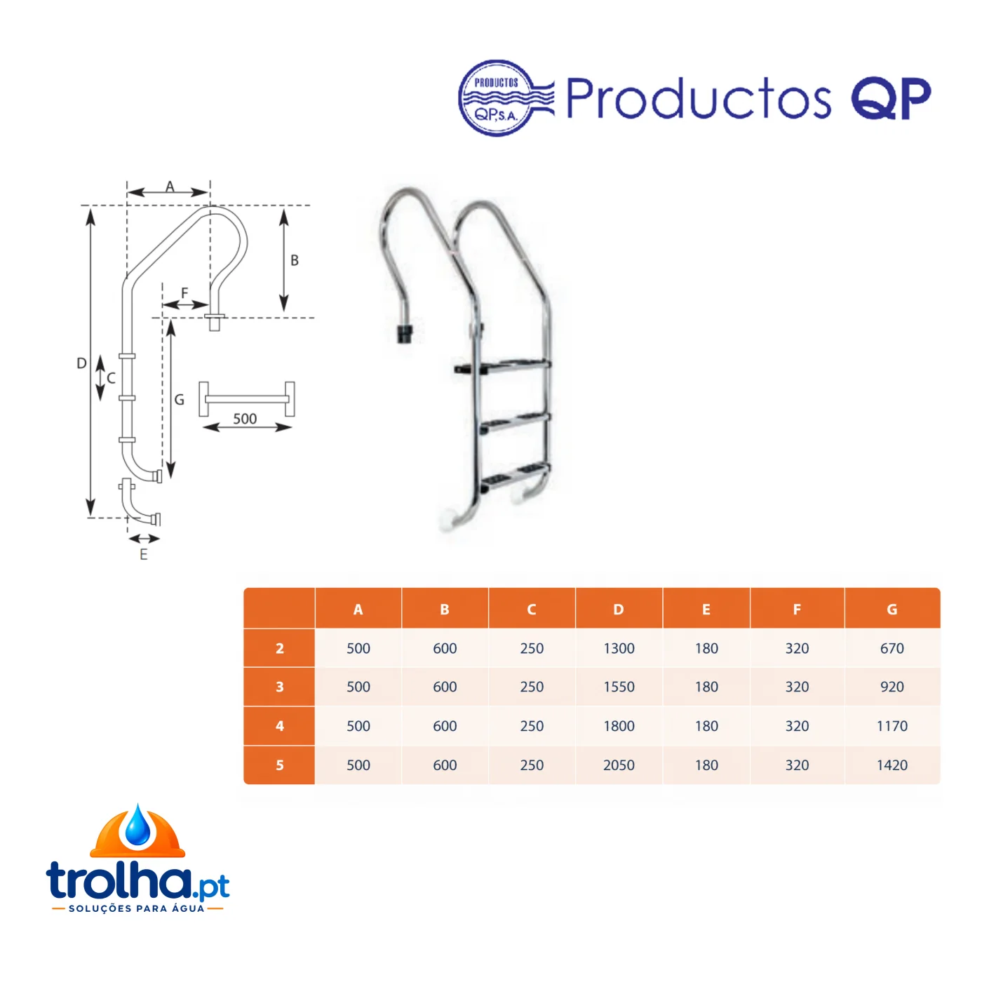 ESCADA DE PISCINA MISTA QP AÇO INOXIDÁVEL AISI316