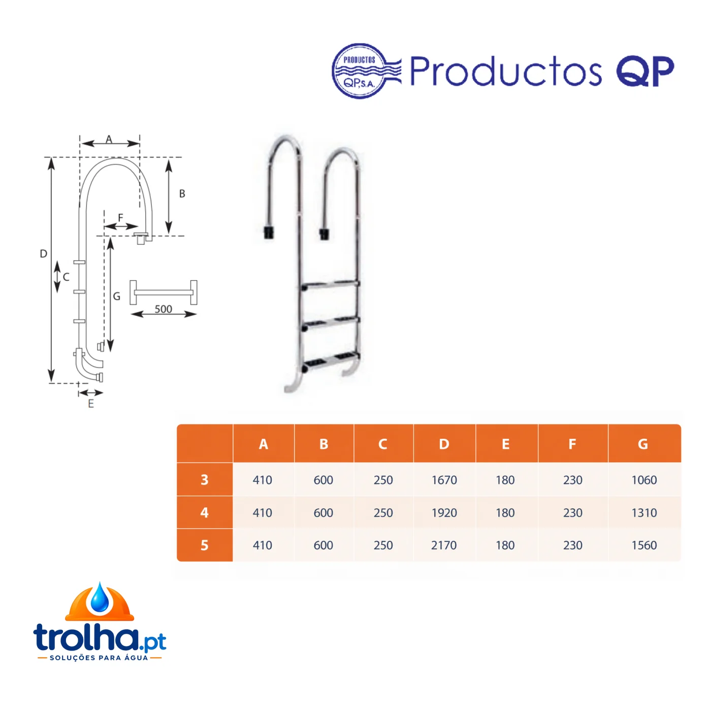 ESCADA DE PISCINA MURO ESTREITO QP AÇO INOXIDÁVEL AISI316