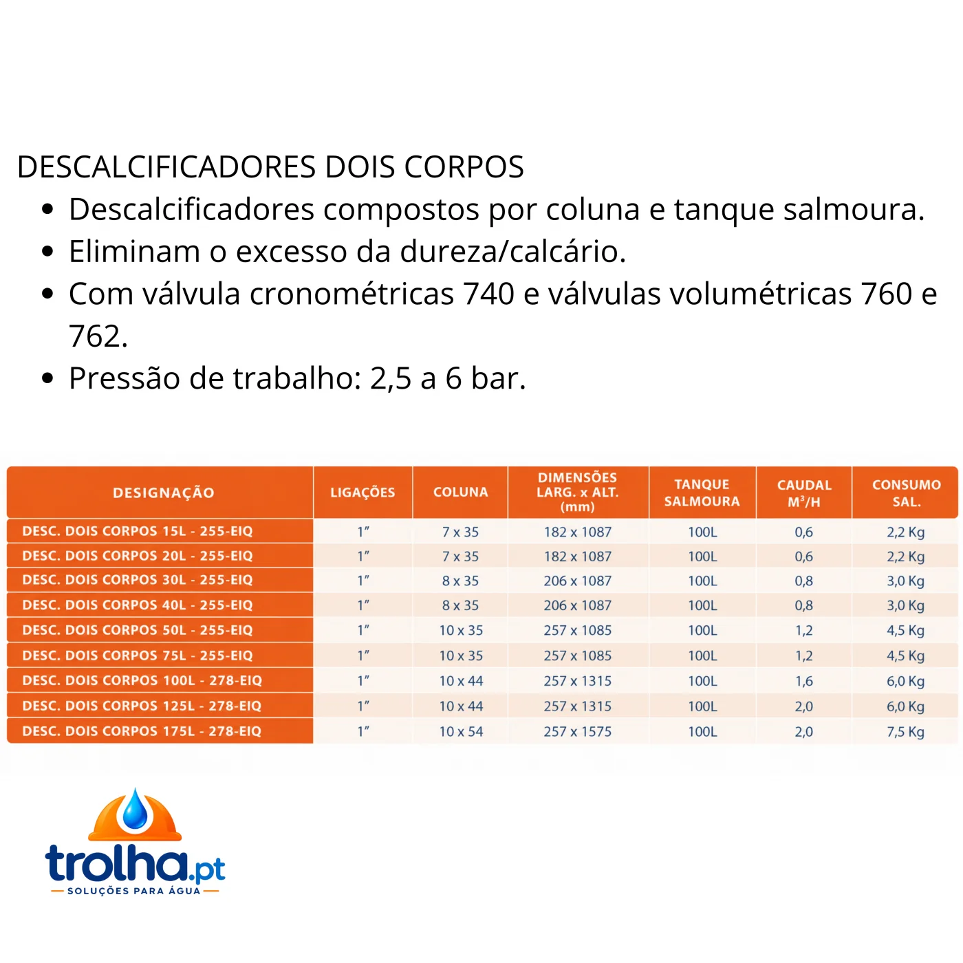 DESCALCIFICADORES DOIS CORPOS - 0,6 a 2m3/h